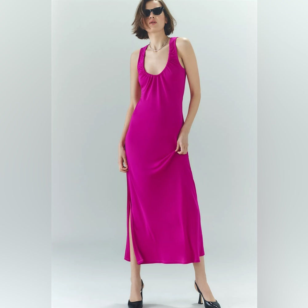 Magenta Ruched Scoop-Neck Midi Dress